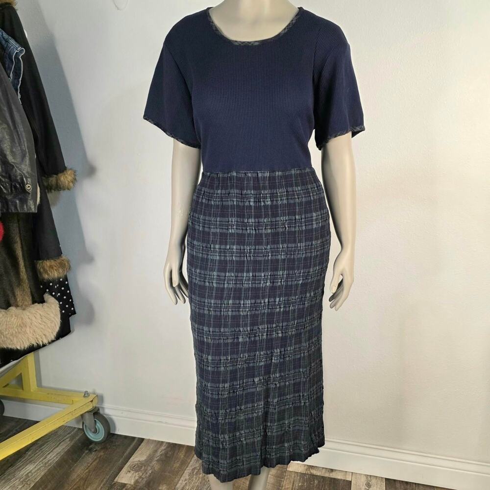 VINT 90s Prairie Cottagecore Plaid Dress Tie Waffle Knit Midi 2X 3X Plus Size